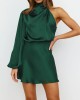 Asymmetric Elasticity Solid Color High Waisted Long Sleeves High Neck Mini Dresses