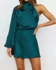 Asymmetric Elasticity Solid Color High Waisted Long Sleeves High Neck Mini Dresses