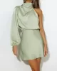 Asymmetric Elasticity Solid Color High Waisted Long Sleeves High Neck Mini Dresses