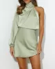 Asymmetric Elasticity Solid Color High Waisted Long Sleeves High Neck Mini Dresses