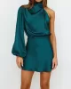 Asymmetric Elasticity Solid Color High Waisted Long Sleeves High Neck Mini Dresses