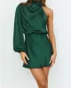 Asymmetric Elasticity Solid Color High Waisted Long Sleeves High Neck Mini Dresses