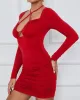 Hollow Pleated Solid Color Bodycon Long Sleeves Deep V-Neck Mini Dresses