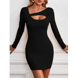 Asymmetric Hollow Solid Color Bodycon Long Sleeves Asymmetric Collar Mini Dresses