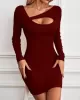 Asymmetric Hollow Solid Color Bodycon Long Sleeves Asymmetric Collar Mini Dresses