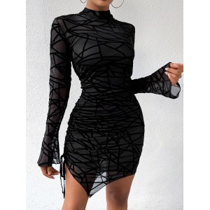 Asymmetric Drawstring Mesh Bodycon Flared Sleeves Mock Neck Mini Dresses