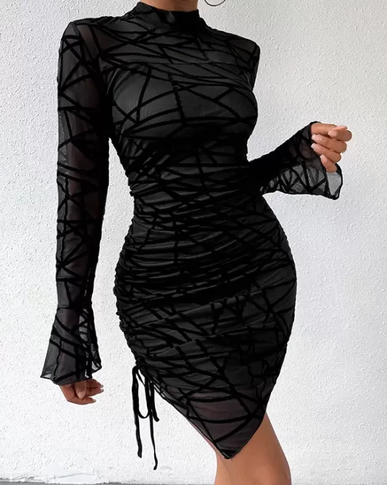 Asymmetric Drawstring Mesh Bodycon Flared Sleeves Mock Neck Mini Dresses