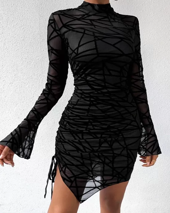 Asymmetric Drawstring Mesh Bodycon Flared Sleeves Mock Neck Mini Dresses