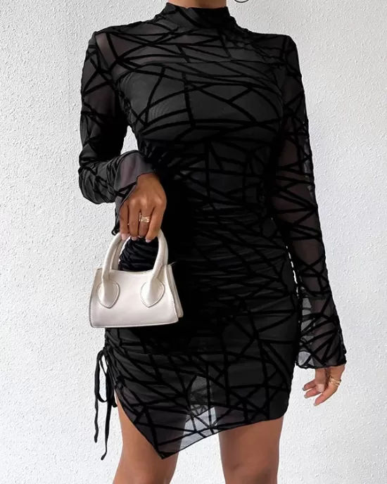 Asymmetric Drawstring Mesh Bodycon Flared Sleeves Mock Neck Mini Dresses