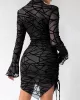 Asymmetric Drawstring Mesh Bodycon Flared Sleeves Mock Neck Mini Dresses