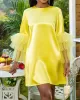 Shiny Solid Color Split-Joint Tulle Half Sleeves Loose Round-Neck Mini Dresses