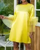 Shiny Solid Color Split-Joint Tulle Half Sleeves Loose Round-Neck Mini Dresses