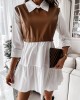 Contrast Color Pleated Split-Joint Long Sleeves Loose Lapel Mini Dresses