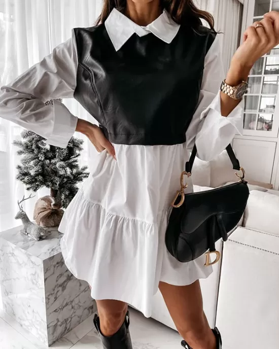 Contrast Color Pleated Split-Joint Long Sleeves Loose Lapel Mini Dresses