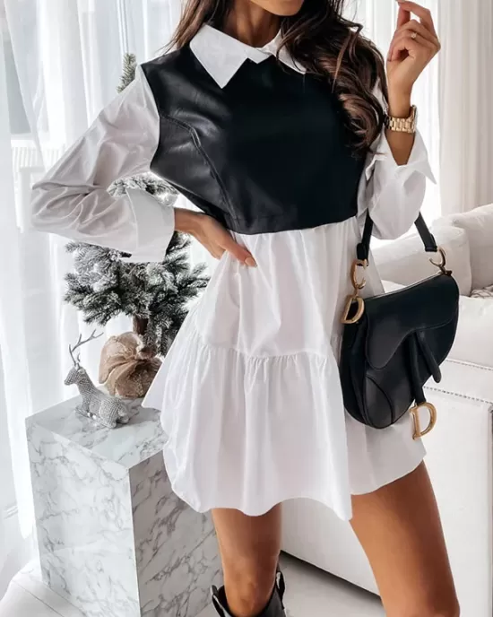 Contrast Color Pleated Split-Joint Long Sleeves Loose Lapel Mini Dresses