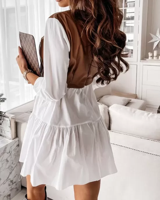 Contrast Color Pleated Split-Joint Long Sleeves Loose Lapel Mini Dresses