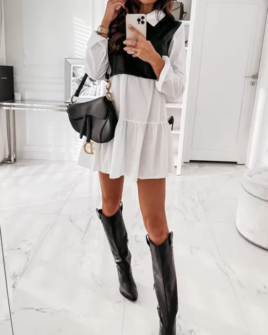 Contrast Color Pleated Split-Joint Long Sleeves Loose Lapel Mini Dresses