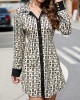 Buttoned Contrast Color Printed Long Sleeves Lapel Mini Dresses