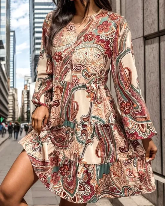 Buttoned Flower Print Split-Joint Long Sleeves Loose V-neck Mini Dresses