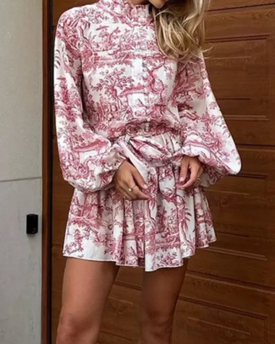 Pleated Printed Split-Joint Tied Waist Loose Puff Sleeves Stand Collar Mini Dresses