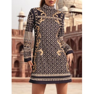 Beaded Long Sleeves High Neck Mini Dresses