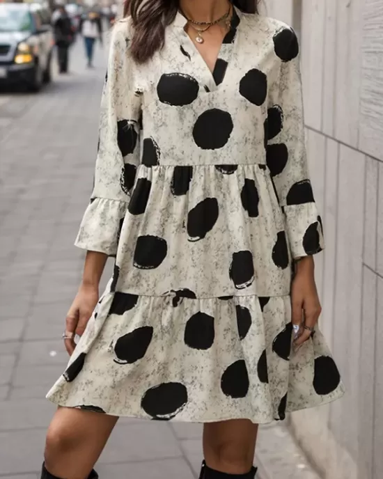 Pleated Polka-Dot Split-Joint A-line Flared Sleeves V-neck Mini Dresses