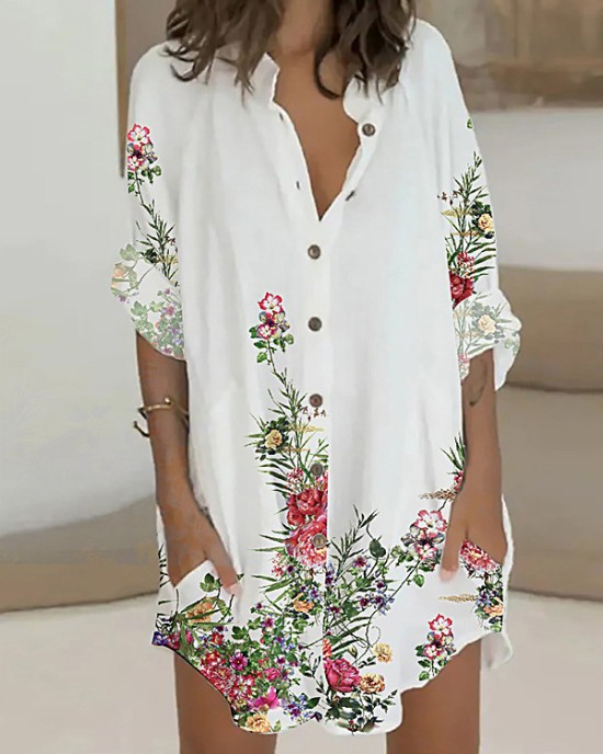 Buttoned Flower Print Long Sleeves Loose Lapel Shirt Dress Mini Dresses