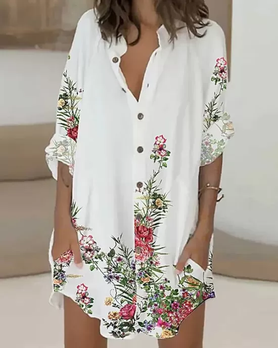 Buttoned Flower Print Long Sleeves Loose Lapel Shirt Dress Mini Dresses