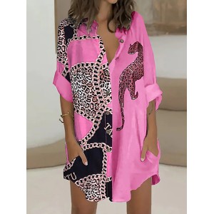 Long Sleeves Loose Animal Printed Buttoned Leopard Lapel Mini Dresses Shirt Dress