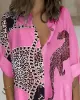 Long Sleeves Loose Animal Printed Buttoned Leopard Lapel Mini Dresses Shirt Dress