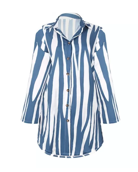 Buttoned Striped Long Sleeves Loose Lapel Shirt Dress Mini Dresses