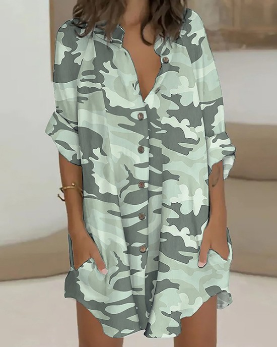 Buttoned Camouflage Long Sleeves Loose Lapel Shirt Dress Mini Dresses