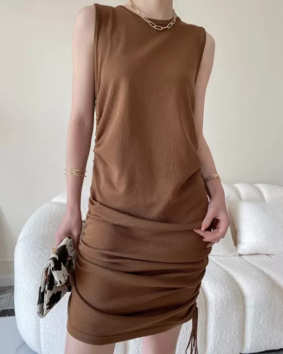 Drawstring Solid Color Loose Sleeveless Round-Neck Mini Dresses