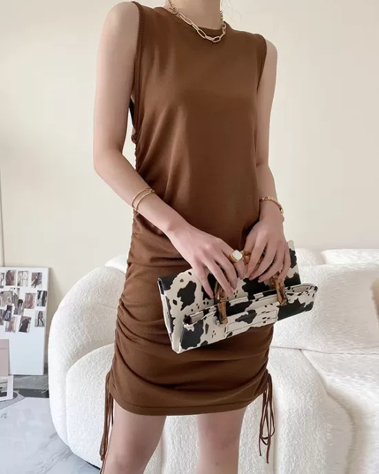 Drawstring Solid Color Loose Sleeveless Round-Neck Mini Dresses