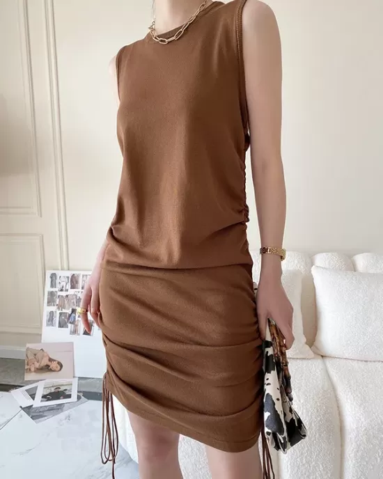 Drawstring Solid Color Loose Sleeveless Round-Neck Mini Dresses