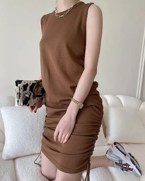 Drawstring Solid Color Loose Sleeveless Round-Neck Mini Dresses