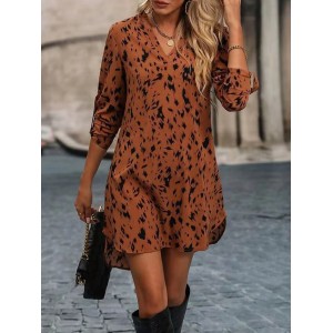 Leopard High-Low Long Sleeves V-Neck Mini Dresses