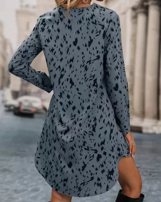 Leopard High-Low Long Sleeves V-Neck Mini Dresses