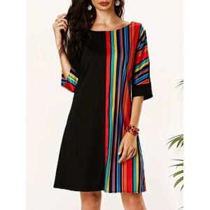 Asymmetric Contrast Color Striped A-line Half Sleeves Round-neck Mini Dresses