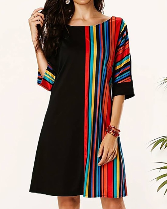 Asymmetric Contrast Color Striped A-line Half Sleeves Round-neck Mini Dresses