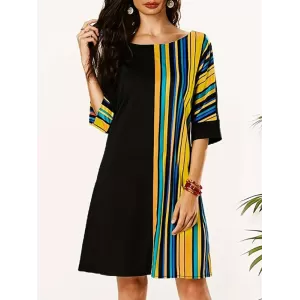 Asymmetric Contrast Color Striped A-line Half Sleeves Round-neck Mini Dresses