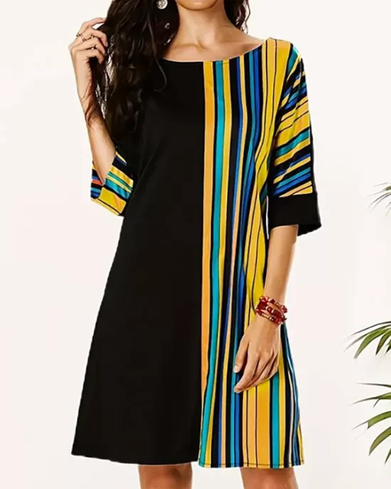 Asymmetric Contrast Color Striped A-line Half Sleeves Round-neck Mini Dresses