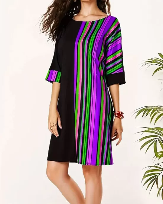 Asymmetric Contrast Color Striped A-line Half Sleeves Round-neck Mini Dresses