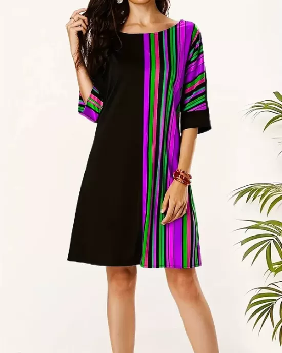 Asymmetric Contrast Color Striped A-line Half Sleeves Round-neck Mini Dresses