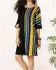 Asymmetric Contrast Color Striped A-line Half Sleeves Round-neck Mini Dresses