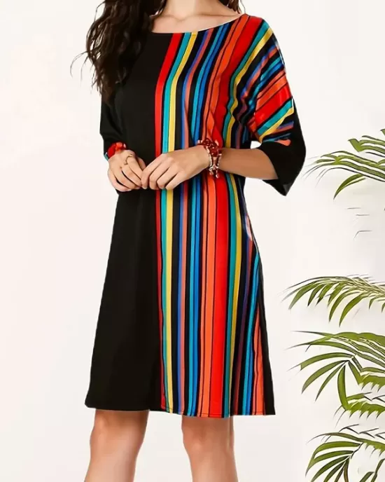 Asymmetric Contrast Color Striped A-line Half Sleeves Round-neck Mini Dresses