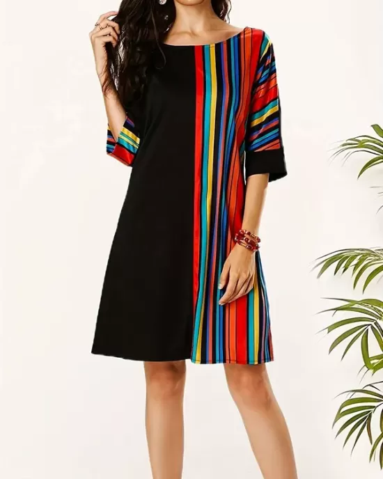 Asymmetric Contrast Color Striped A-line Half Sleeves Round-neck Mini Dresses