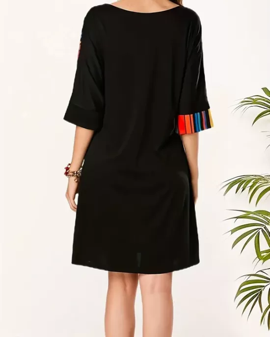 Asymmetric Contrast Color Striped A-line Half Sleeves Round-neck Mini Dresses