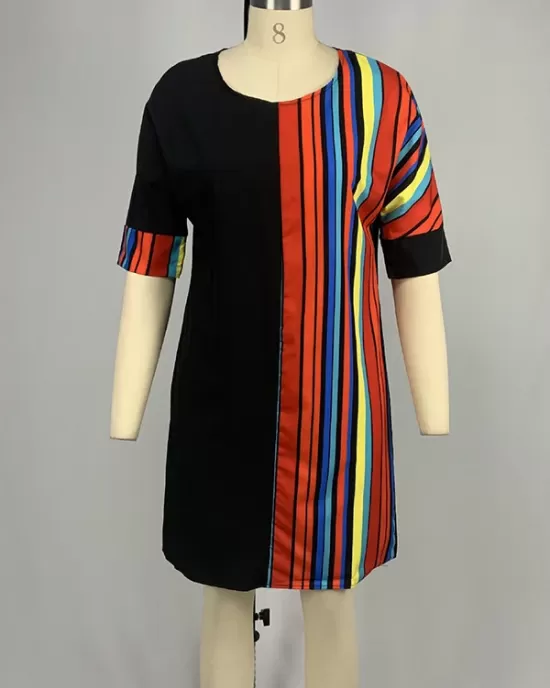 Asymmetric Contrast Color Striped A-line Half Sleeves Round-neck Mini Dresses