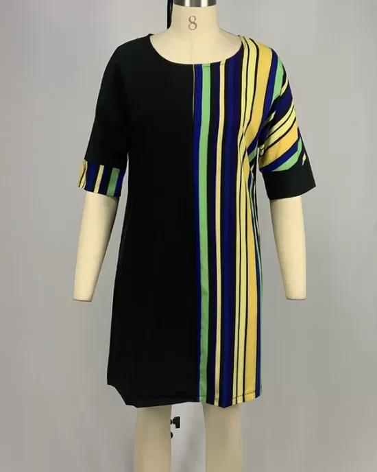 Asymmetric Contrast Color Striped A-line Half Sleeves Round-neck Mini Dresses